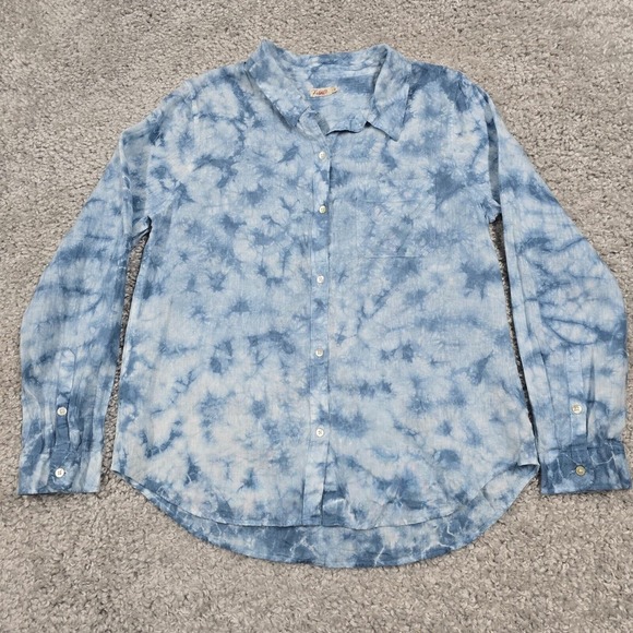 Faherty Shirt Womens Large Blue Tie Dye Long‎ Sleeve Button Linen Coastal Beach - Picture 1 of 11